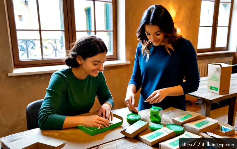 에코크리에이션으로 브랜드 이미지 강화하기 - Photorealistic Italian artisan workshop in Milan, a small sustainable fashion brand team reviewing e...