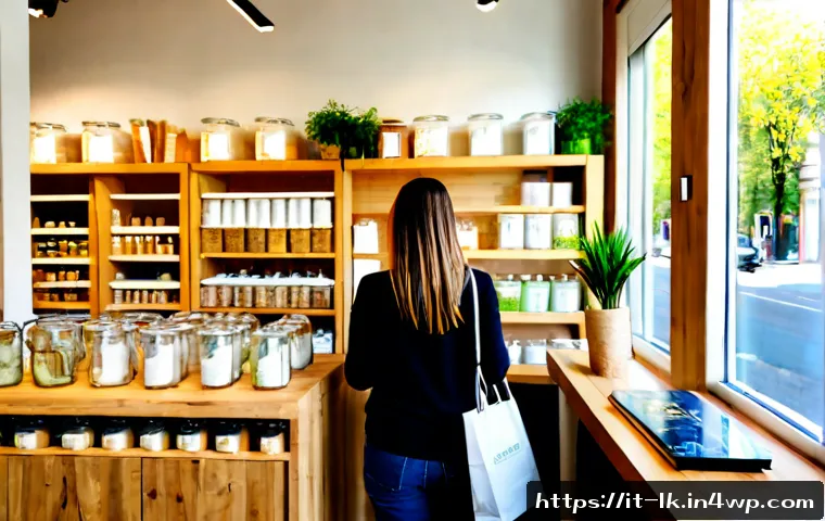 Home 17 에코크리에이션의 마케팅 성공 사례 - Photorealistic Italian eco-friendly marketing success scene, stylish zero-waste refill shop in Milan...